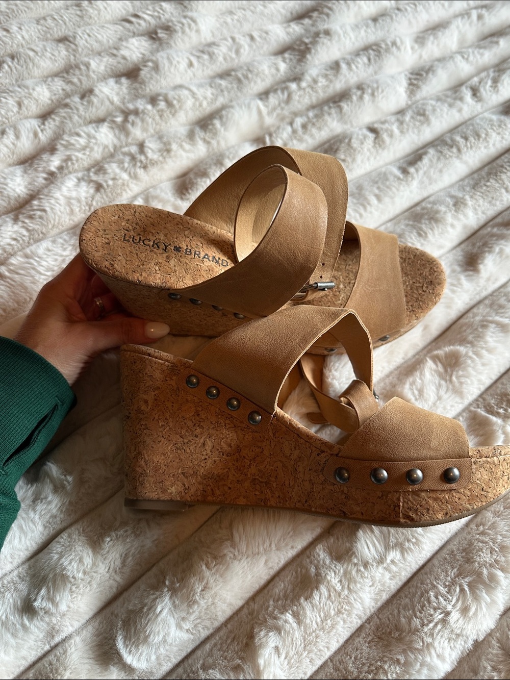 Lucky Brand Tan Cork Studded Wedge Sandals